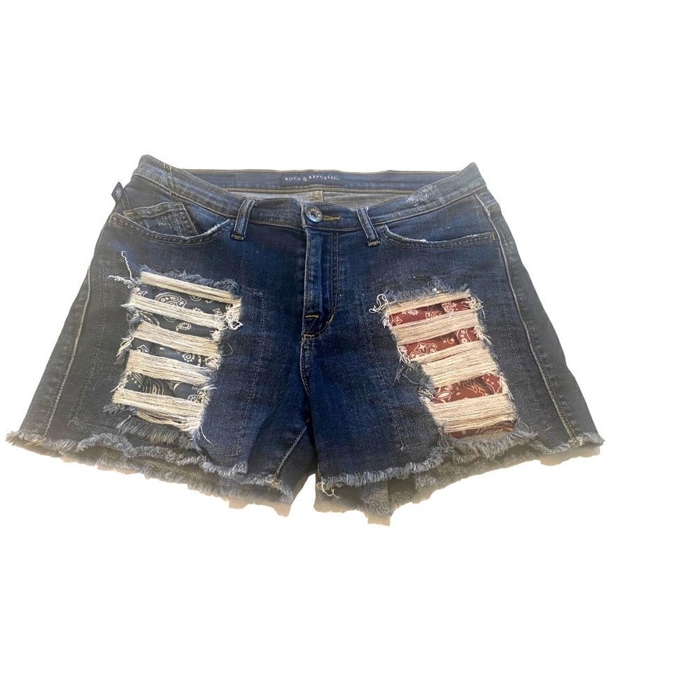 Rock Republic Distress Rip Cut-off Patch Shorts, Size 10